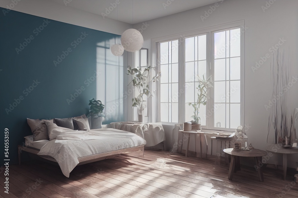 Fototapeta premium Mockup frame in interior background, room in light pastel colors, Scandi Boho style, 3d render