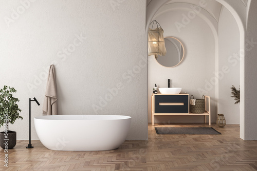 Interior of modern bathroom with white walls  wooden floor  bathtub  dry plants  white sink standing on wooden countertop and a oval mirror hanging above it. 3d rendering