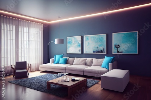 Modern interior of living room with blue corner sofa, coffee tables, floor lamp, wall with copy space 3d rendering