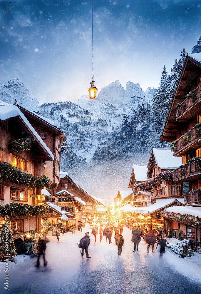 Weihnachtliche Winterlandschaft in den Alpen Christmas Jahreszeit Weihnachsmarkt Advent Stimmung Digital 
