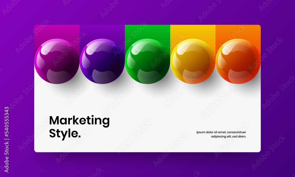 Colorful realistic balls presentation concept. Minimalistic horizontal cover design vector template.