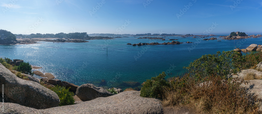 Panorama of the bay of Ploumanac'h on a sunny summer day with islands and Chateau de Coastares, Cote de Granit Rose Brittany , France