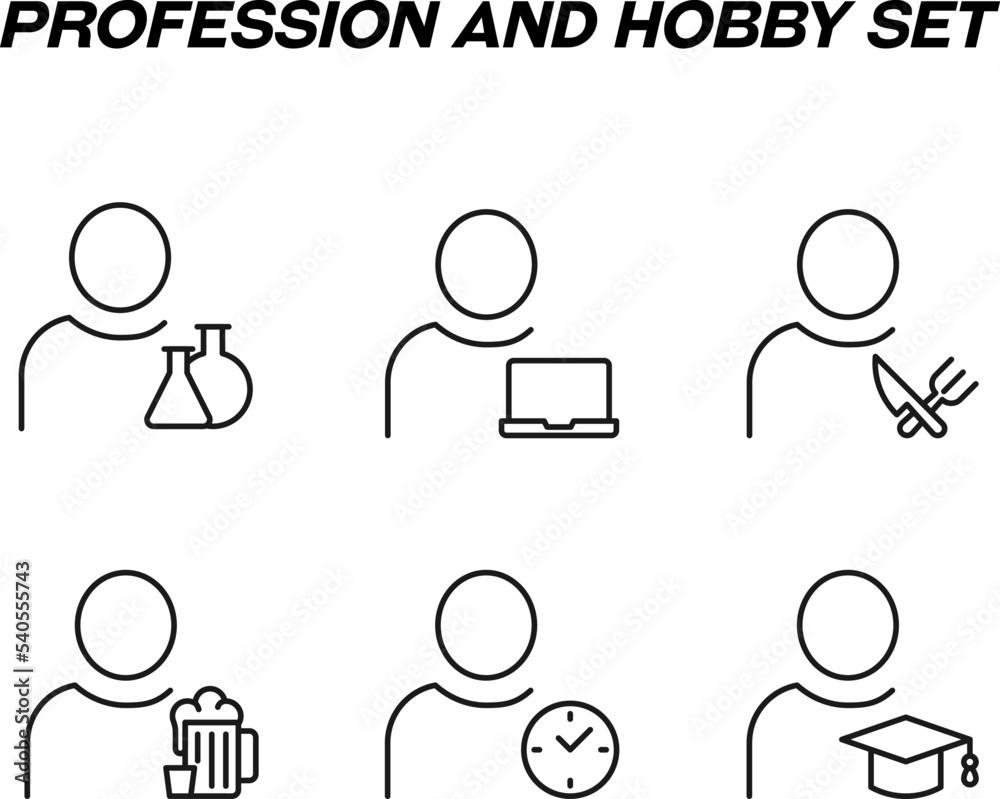 Monochrome signs in flat style for stores, shops, web sites. Editable stroke. Vector line icon set with symbols of lab bulb, laptop, kitchen utensil, beer, clock, academic cap by person Monochrome signs in flat style for stores, shops, web sites. Editable stroke. Vector line icon set with symbols of lab bulb, laptop, kitchen utensil, beer, clock, academic cap by person