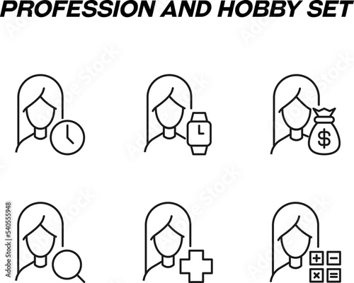 Monochrome signs in flat style for stores, shops, web sites. Editable stroke. Vector line icon set with symbols of clock, watch, dollar, loupe, medical cross, calculator by faceless woman