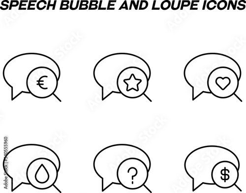 Monochrome signs in flat style for stores, shops, web sites. Editable stroke. Vector line icon set with symbols of euro, star, heart, dollar, water, question in speech bubble and loupe