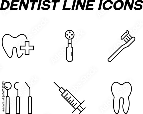 Monochrome signs in flat style for stores, shops, web sites. Editable stroke. Vector line icon set with symbols of cross by tooth, toothbrush, stomatologist tools, syringe