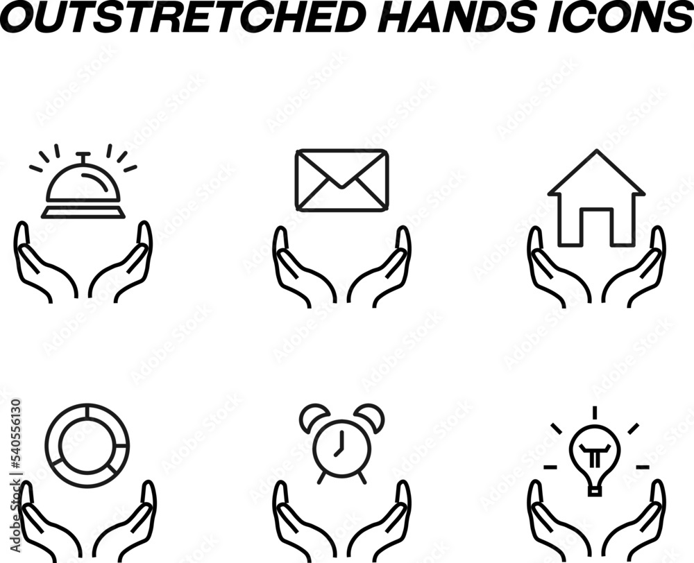 Monochrome signs in flat style for stores, shops, web sites. Editable stroke. Vector line icon set with symbols of bowl with cloche, post, house, pie chart, clock, light bulb over hands Monochrome signs in flat style for stores, shops, web sites. Editable stroke. Vector line icon set with symbols of bowl with cloche, post, house, pie chart, clock, light bulb over hands