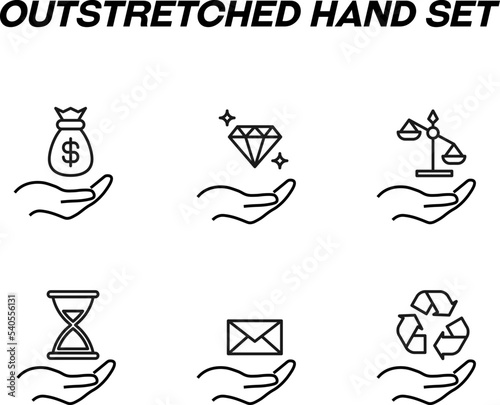 Monochrome signs in flat style for stores, shops, web sites. Editable stroke. Vector line icon set with symbols of dollar, diamond, scales, hourglass, post, recycle over hands