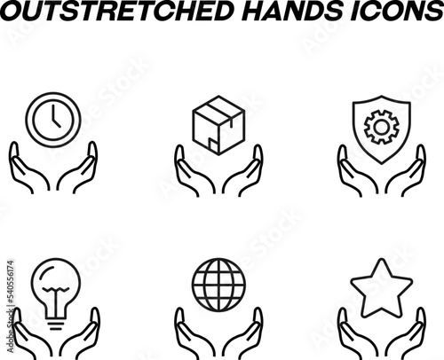 Monochrome signs in flat style for stores, shops, web sites. Editable stroke. Vector line icon set with symbols of clock, parcel, gear, lamp, globe, star over hands