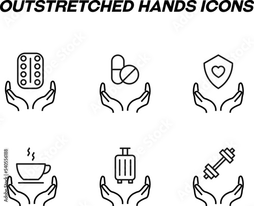 Monochrome signs in flat style for stores, shops, web sites. Editable stroke. Vector line icon set with symbols of pills, health care, cup, weights, baggage over hand