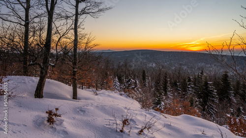 Winter landscape of Jizera Mountains at sunset time