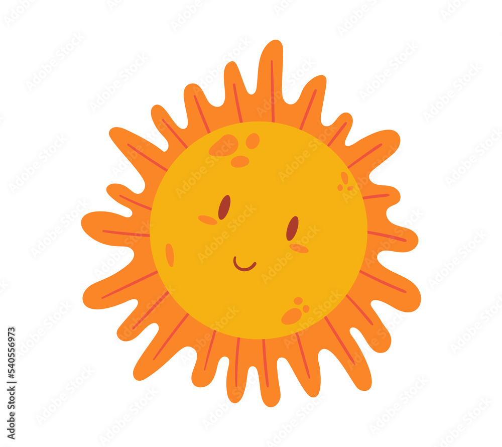 Cartoon Sun With Smiling Face, Cute Character With Eyes And Funny Smile. Isolated Solar Sunshine Childish Design Element Cartoon Sun With Smiling Face, Cute Character With Eyes And Funny Smile. Isolated Solar Sunshine Childish Design Element