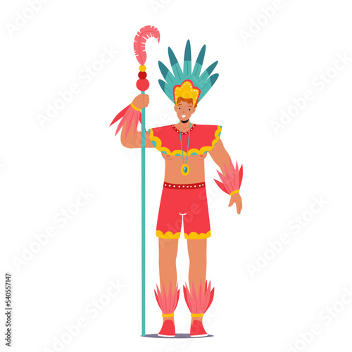 Man Wearing Festival Costume with Feathers Holding Staff, King Carnival in Rio De Janeiro. Brazilian Samba Dancer