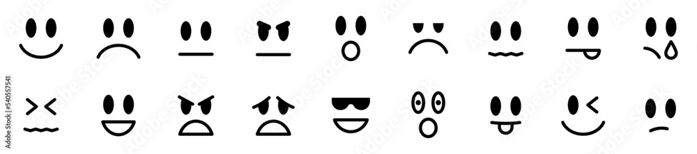 Conjunto de caras con expresiones faciales.
Emoticones. Cara feliz, triste, enojado, sorprendido. Ilustración vectorial - obrazy, fototapety, plakaty 