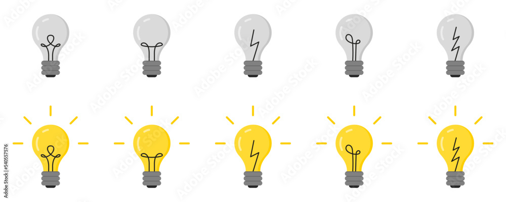 Conjunto de iconos de bombilla encendido y apagado. Concepto de iluminación, brillo, idea creativa, solución. Foco de luz. Ilustración vectorial Conjunto de iconos de bombilla encendido y apagado. Concepto de iluminación, brillo, idea creativa, solución. Foco de luz. Ilustración vectorial
