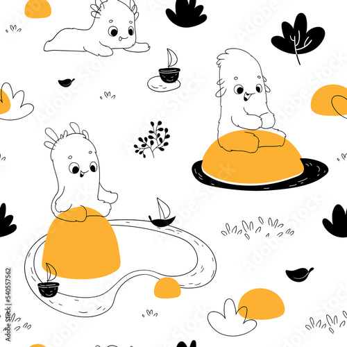 Seamless pattern with cute monsters, puddles and boats. in hand drawn style. Seamless background for nursery decor, fabrics, children's textiles, wrapping paper. Vector Illustration