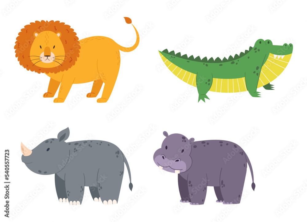 Set of African Safari Animals Lion, Crocodile, Rhinoceros, Hippo Isolated on White Background. Tropical Wildlife Set of African Safari Animals Lion, Crocodile, Rhinoceros, Hippo Isolated on White Background. Tropical Wildlife