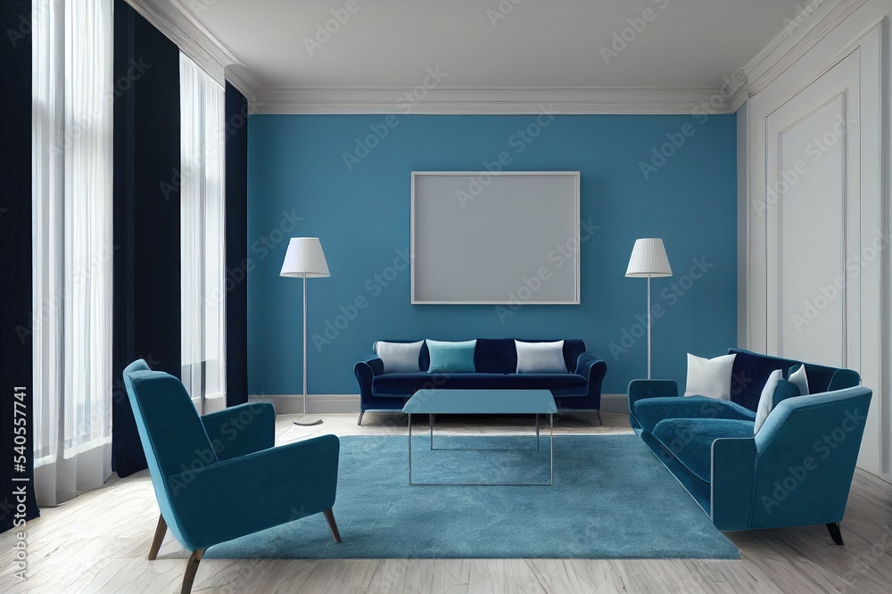 Living Room interior with blue velvet armchair and cabinet,3D rendering.