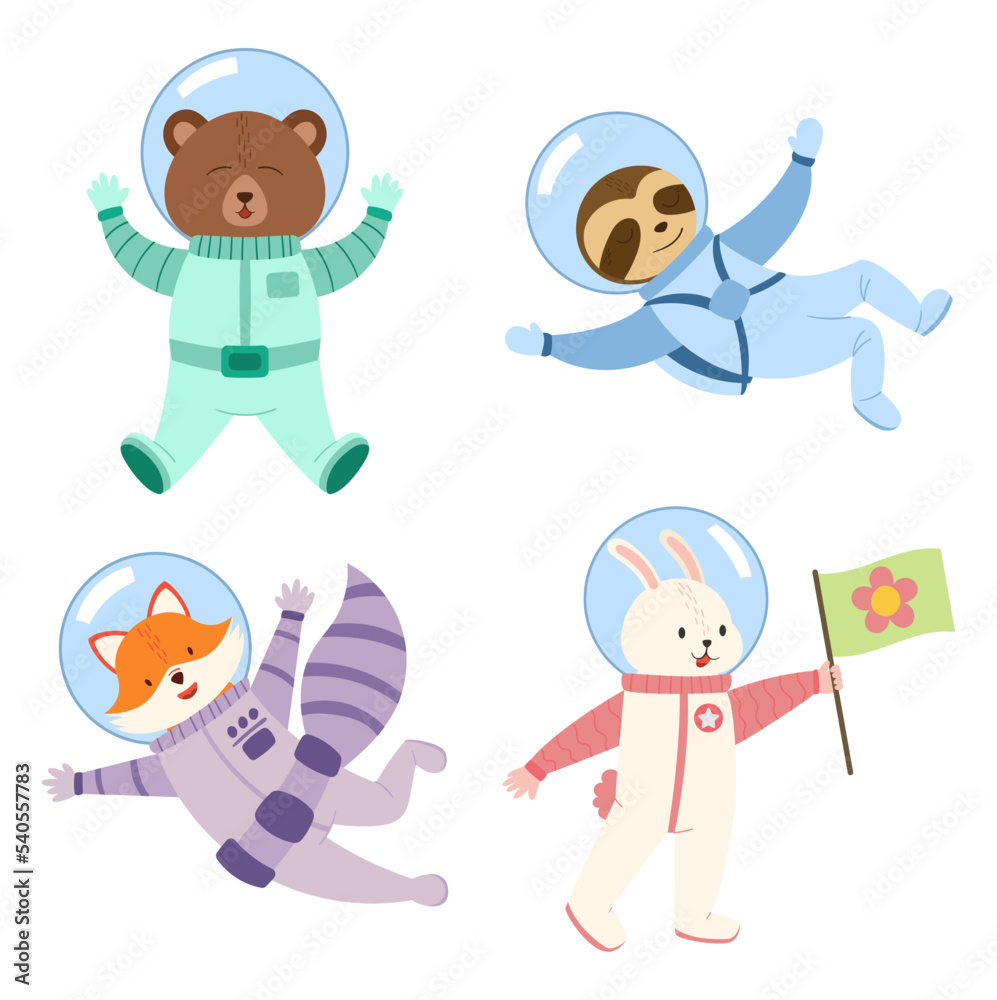 Set Of Cute Animals Astronauts In Space. Funny Sloth, Bear, Fox And Rabbit Cosmonauts Wear Space Suits Flying Set Of Cute Animals Astronauts In Space. Funny Sloth, Bear, Fox And Rabbit Cosmonauts Wear Space Suits Flying