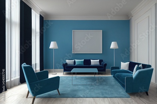 Living Room interior with blue velvet armchair and cabinet,3D rendering. © 2rogan