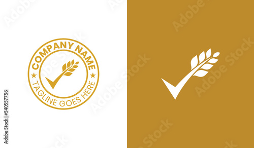 Wheat Grain Check Logo Stamp Badge Concept symbol sign icon Element Design. Agriculture, Tick, Bakery Logotype. Vector illustration template
