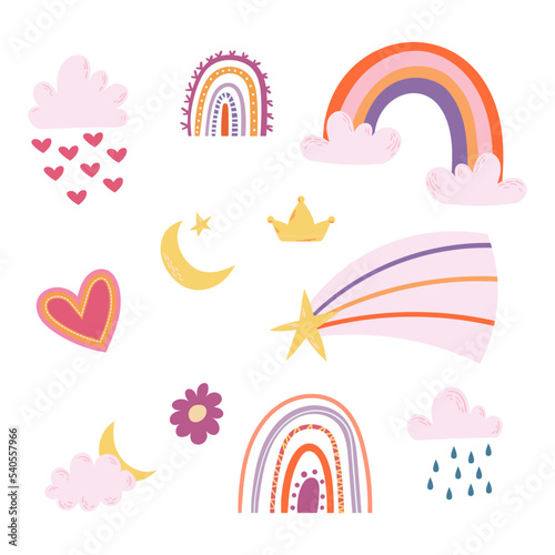 Set of Cartoon Rainbows, Clouds, Stars, Heart , Crown and Flower Isolated Cute Icons in Kawaii Scandinavian Style