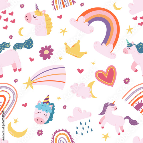 Seamless Pattern with Magic Unicorns  Rainbows  Heart  Star  Crescent  Clouds  Flower and Crown on White Background