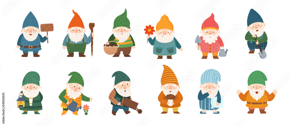 Set of Cute Gnomes With Beard Funny Garden Decoration, Adorable Dwarfs With Lantern, Watering Can And Flowers Set of Cute Gnomes With Beard Funny Garden Decoration, Adorable Dwarfs With Lantern, Watering Can And Flowers