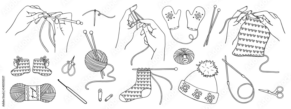 Obraz premium Set of sewing accessories for knitting.Beautiful female hands knit products from yarn.Vector linear sketch.