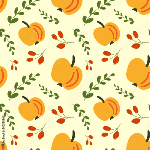 Seamless pattern of autumn elements. Vector pattern with apples, berries, leaves on a yellow background. Design for textiles, scrapbooking, packaging paper.