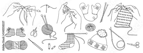 Set of sewing accessories for knitting.Beautiful female hands knit products from yarn.Vector linear sketch.