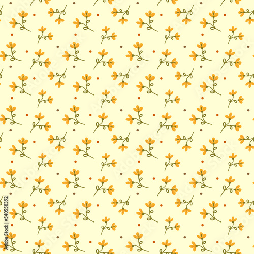 Seamless pattern of small floral elements. Vector pattern with yellow flowers and leaves on a yellow background. Design for textiles, scrapbooking, packaging paper.