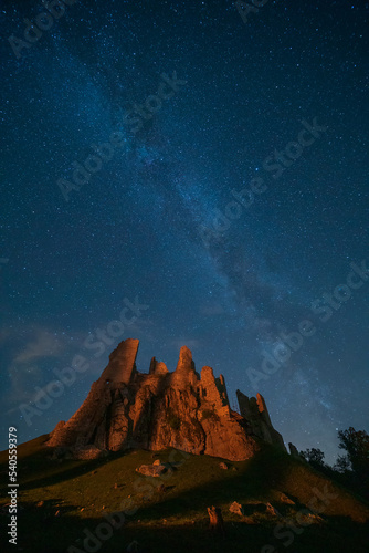 Night sky over the castle Hrusov, Slovakia.