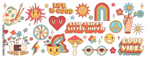 Groovy hippie retro 70s set. Cartoon flower, rainbow, peace, Love, heart, daisy, etc. Sticker pack in trendy retro psychedelic cartoon style. 