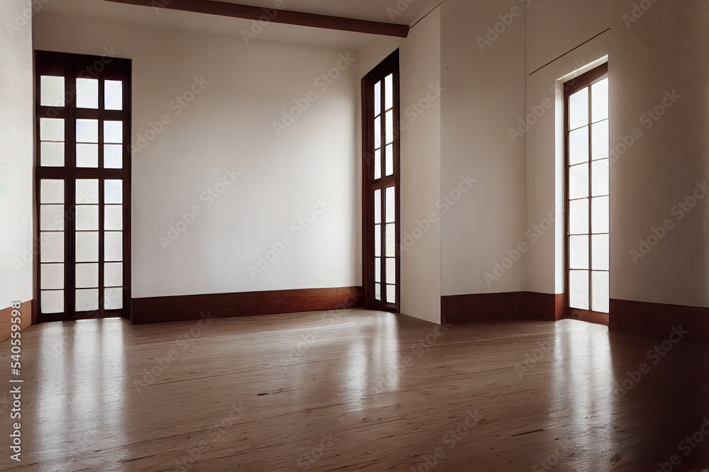 Fototapeta premium a bright space with white walls, high ceilings and wooden floors.