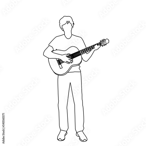 Silhouette of a young man with a guitar, standing, linear sketch, vector, black color  isolated on a white background