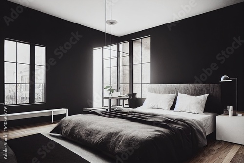 Black stylish loft bedroom. Unmade bed with breakfast and reading on tray. Lamp and interior decor over blank blackboard wall with copyspace. Cozy modern living space.