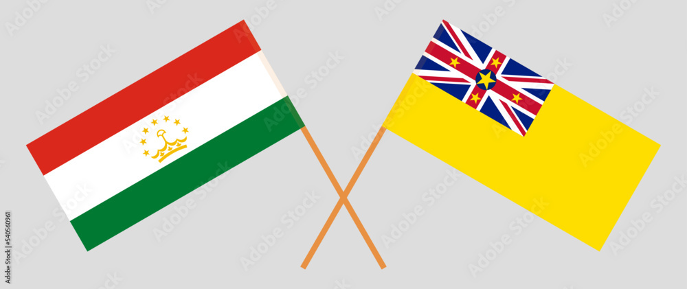 Crossed flags of Tajikistan and Niue. Official colors. Correct proportion