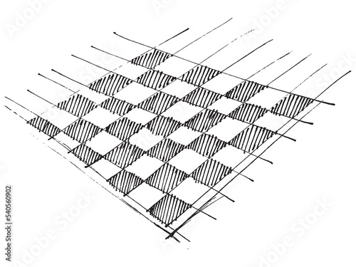 Chess board linear drawing. Black and white cells. Mottled texture. Chess background