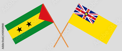 Crossed flags of Sao Tome and Principe and Niue. Official colors. Correct proportion