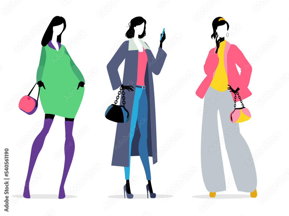 Attractive beautiful lady silhouettes in modern clothes, vector illustration on white background.