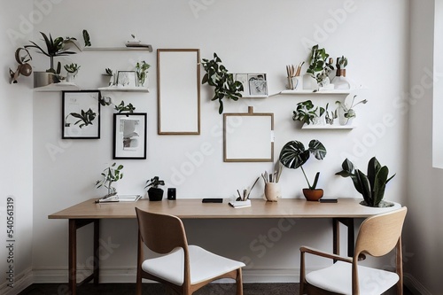 Design scandinavian interior of home office space with a lot of mock up photo frames, wooden desk, a lot of plants, mirror, office and personal accessories. Stylish neutral home staging. Template.