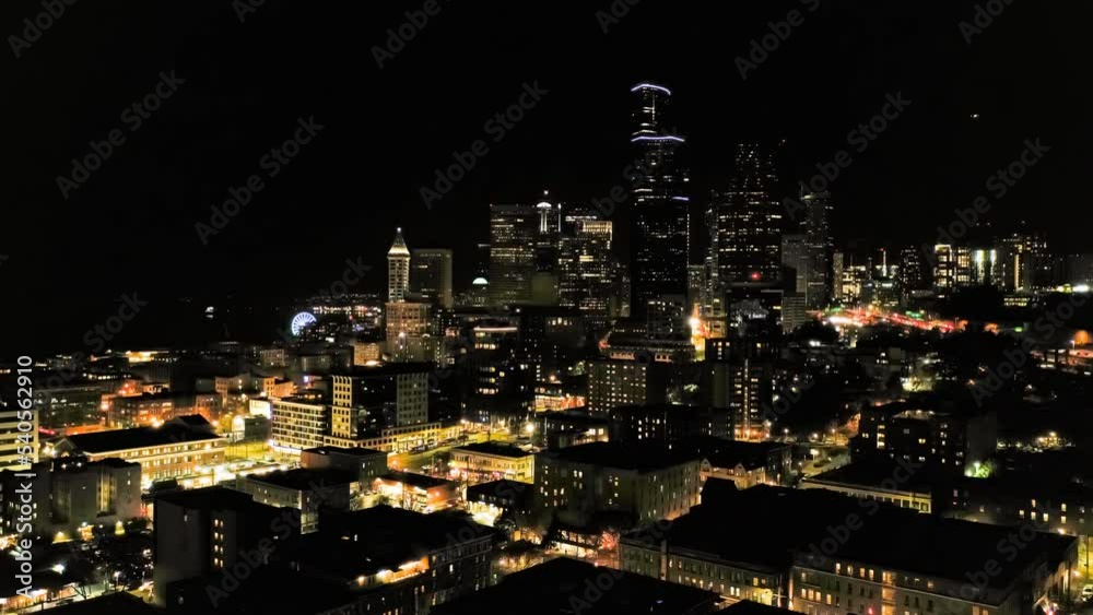 Aerial time lapse video clip of the Seattle city skyline at night Aerial time lapse video clip of the Seattle city skyline at night