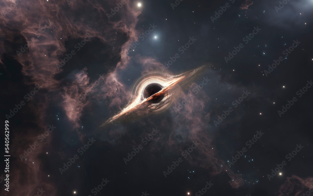 Obraz premium 3D illustration of Black hole absorbing light in deep space. 5K realistic science fiction art. Elements of image provided by Nasa