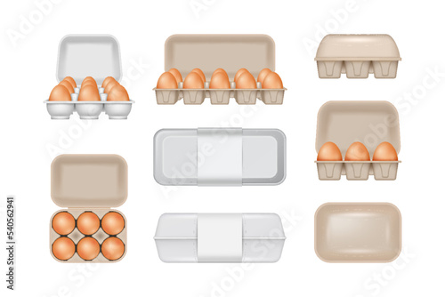 Egg packaging boxes set open and closed, realistic blank paper tray or container isolated