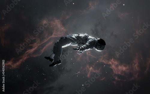 3D illustration of astronaut falling to space. 5K realistic science fiction art. Elements of image provided by Nasa © Vadimsadovski