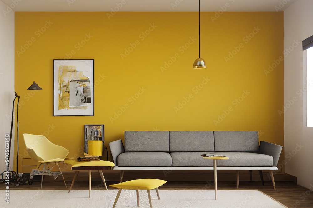 Modern yellow detail living room concept two side room with yellow wall and brick wall decoration. Modern yellow detail living room concept two side room with yellow wall and brick wall decoration.