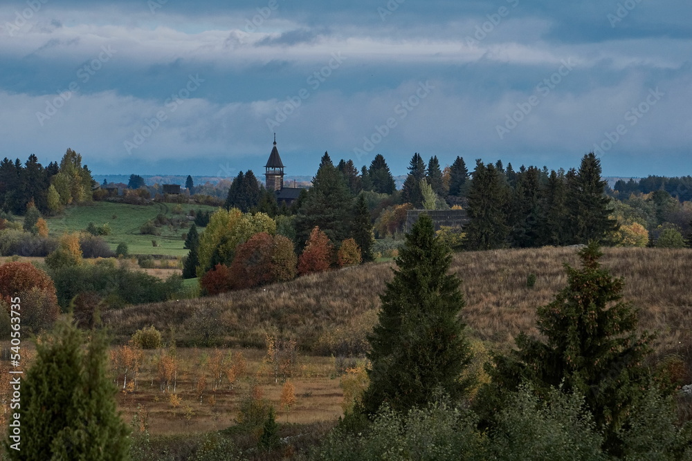 Wooden chapel on an autumn morning on the island of Kizhi