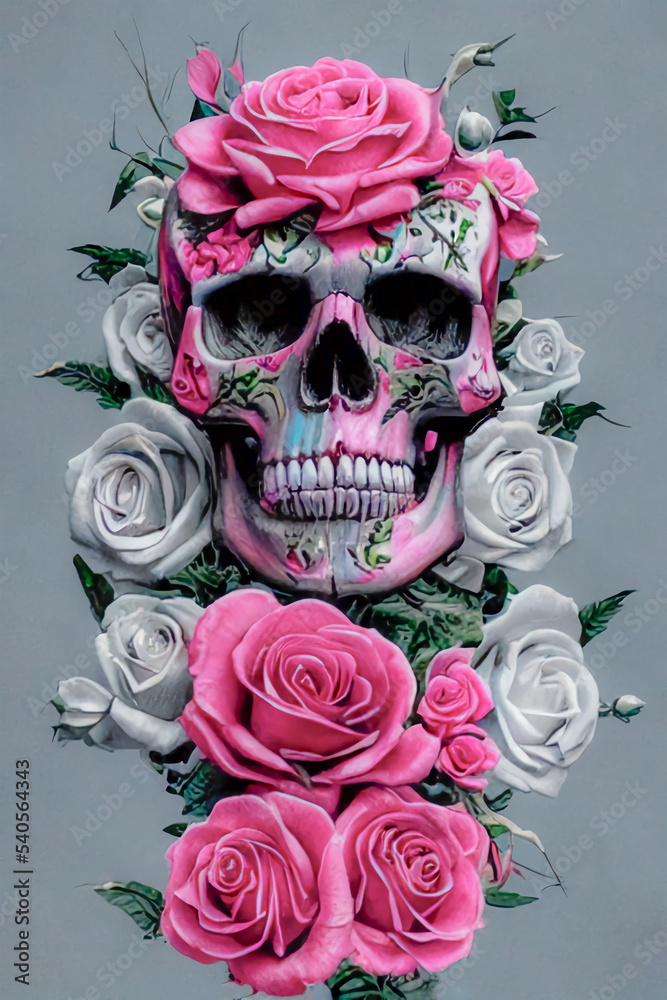 Skull with tattoos in roses, dark background