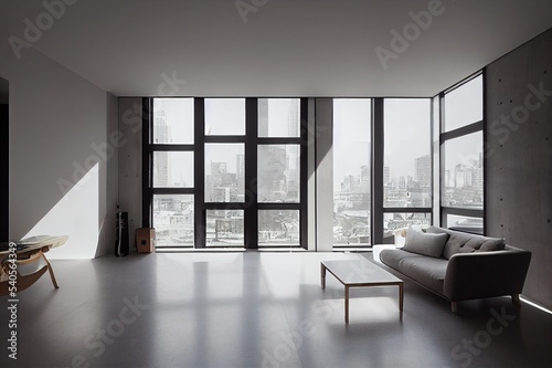Modern interior design in an apartment  house  office  bright modern interior details and light from the window against the background of a concrete wall and floor with reflection.